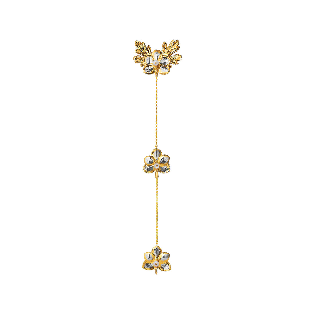 Gold and palladium floral kerongsang brooch with three dangling orchid shapes