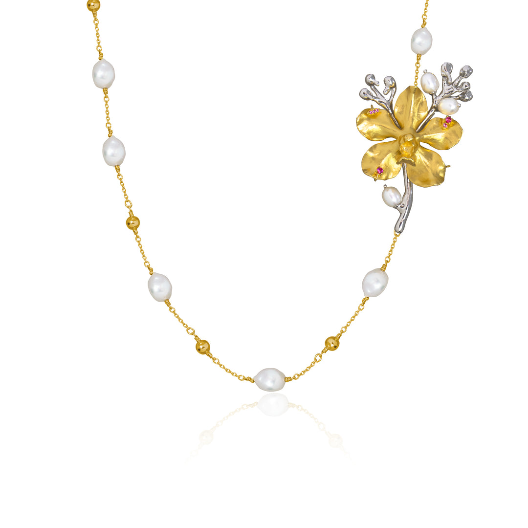 RISIS 24K Gold Orchid Freshwater Pearls Rosy Sapphire Necklace