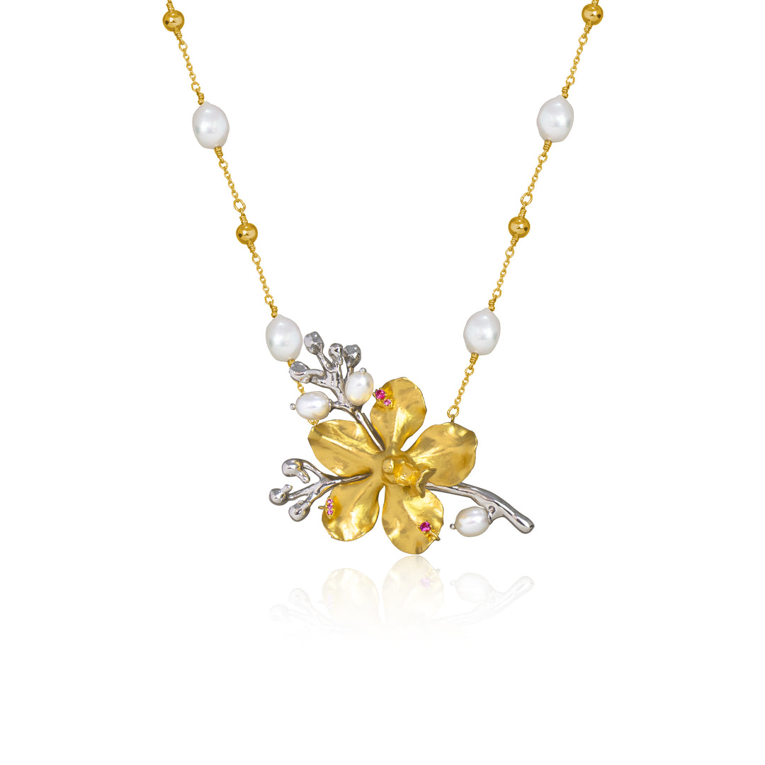 RISIS 24K Gold Orchid Freshwater Pearls Rosy Sapphire Necklace