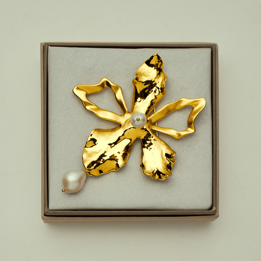 Re:Born Golden Orchid Brooch with Pearls, Natural Vanda Omar Padron Orchid and Lead-free Pewter Encapsulated in 24K Swiss Gold with Freshwater Pearl and Baroque Freshwater Pearl