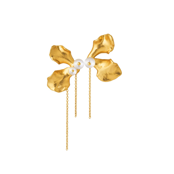Re:Born Orchid Thread-Drop Earrings in Gold, Natural Vanda Wee Kim Lian Orchid Encapsulated; in 24K Swiss Gold with Freshwater Pearls