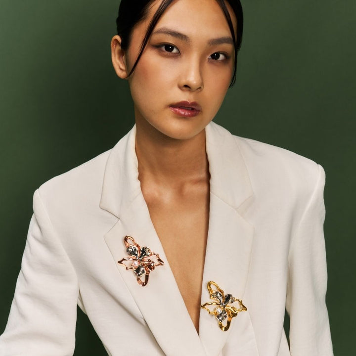 Re:Born Vanda Orchid Brooches in 24K Gold, Palladium & Copper Rose with Freshwater & Akoya Pearl