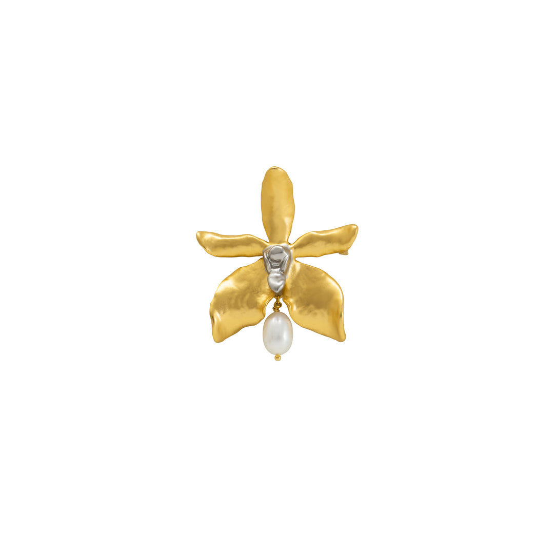 RISIS Aranthera Orchid Pearl Brooch, natural orchid encapsulated in 24K Swiss Gold and Palladium with Baroque Freshwater Pearl