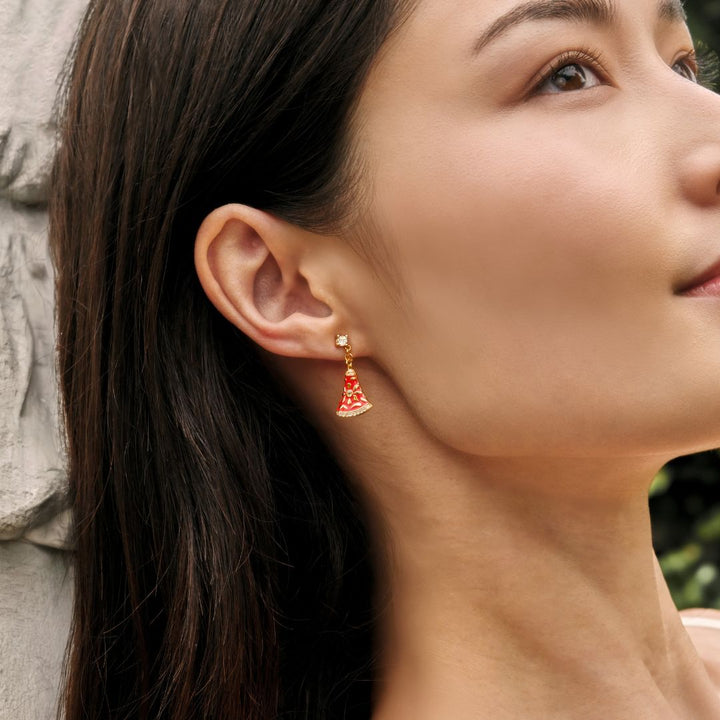 RISIS Sweet Nyonya Earrings in Gold with White Topaz, 925 Sterling Silver encapsulated in 18K Gold with Red Enamel and White Topaz