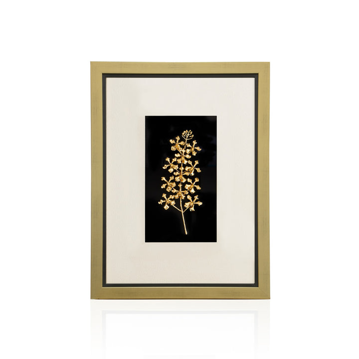 Risis Vanda Wee Kim Lian Frame (IV) - A golden-framed artwork displays a single branch with delicate, intricate flowers against a stark black backdrop, accentuated by the surrounding white mat.