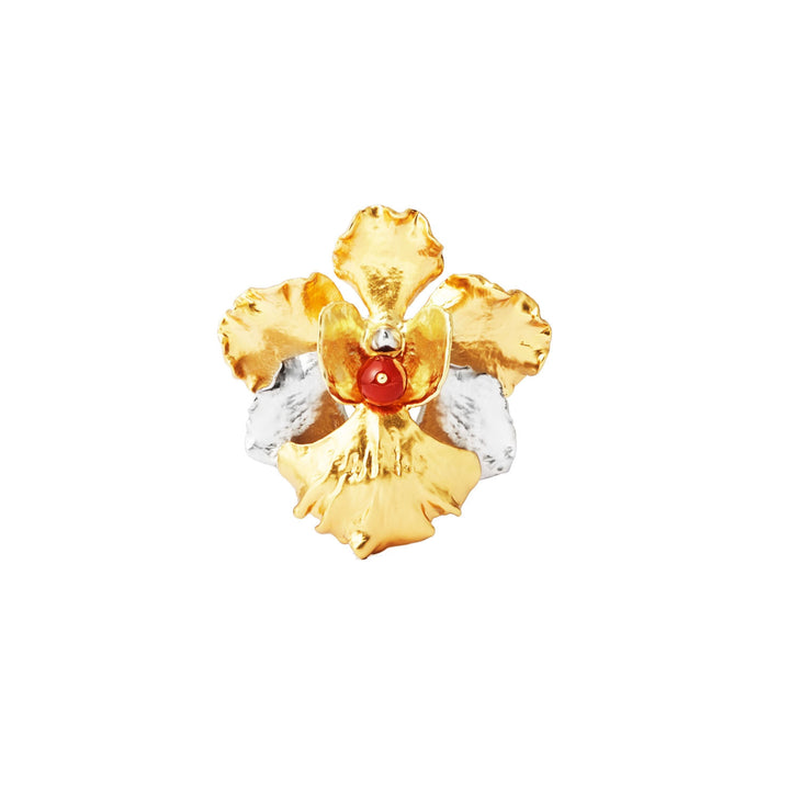RISIS SG60 Iconic Vanda Miss Joaquim Orchid Brooch, natural orchid encapsulated in 24K Swiss Gold and Palladium with Red Agate