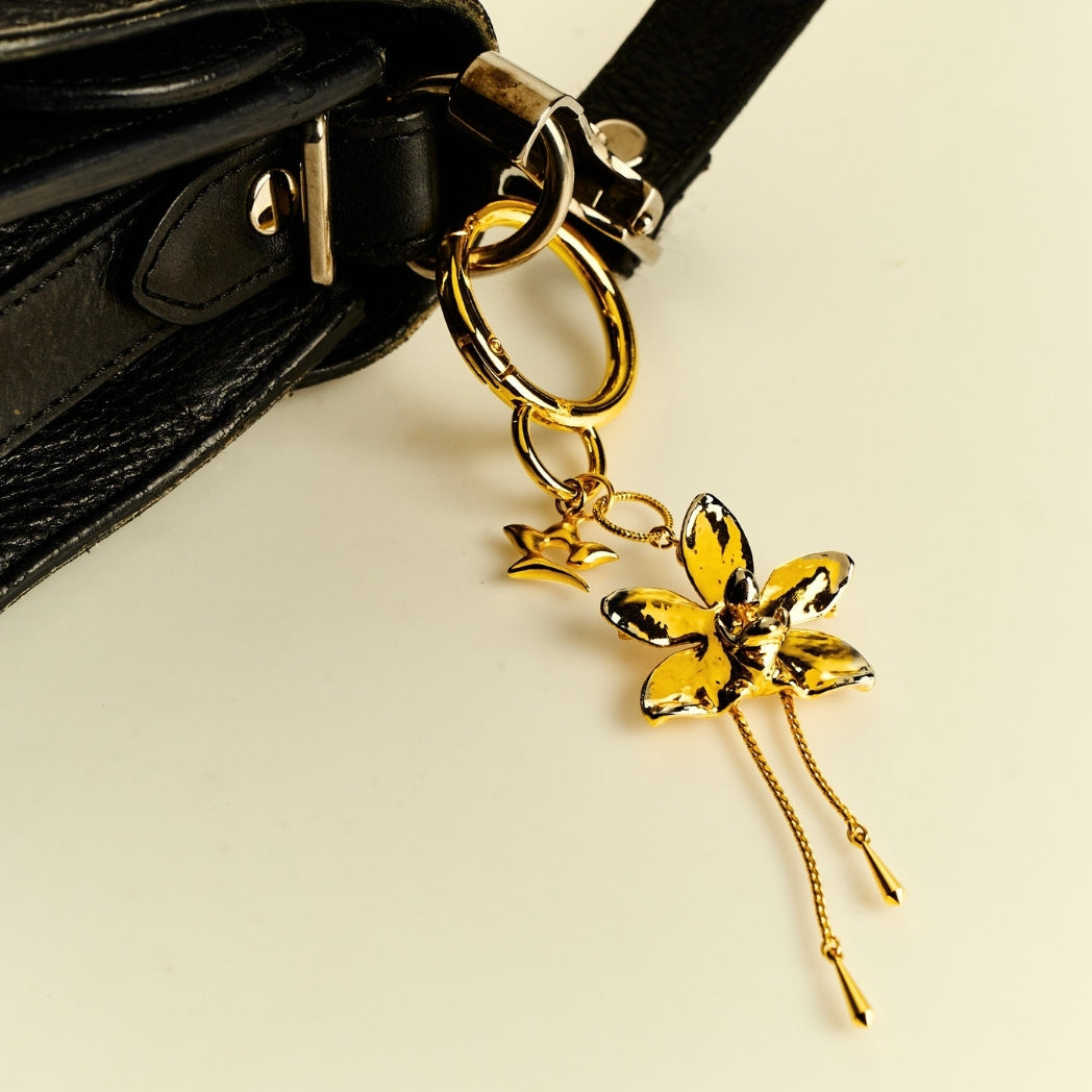 Summer Red Orchid Bag Charm-Brooch In Gold & Palladium, Natural Doritaenopsis Summer Red Orchid Encapsulated in 24K Swiss Gold and Palladium