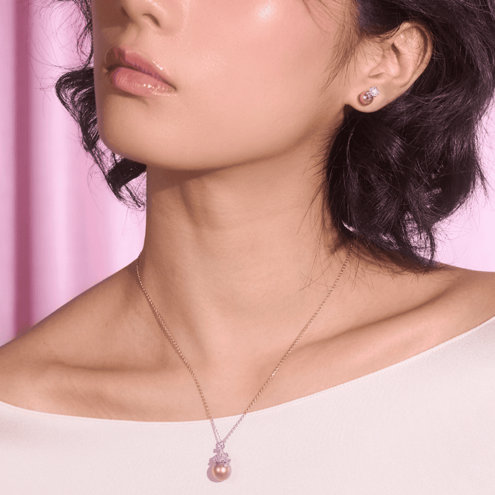 RISIS Ume Bloom Earrings & Necklace, 925 Sterling Silver Encapsulated in Rhodium with Pink Freshwater Pearl