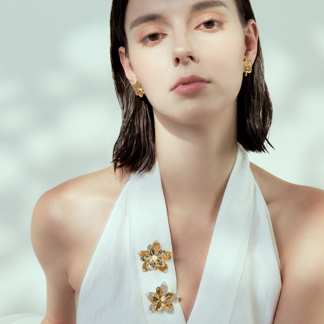 RISIS Lumina 24K Gold & Silver Orchid Brooch with Pearl and Moissanite