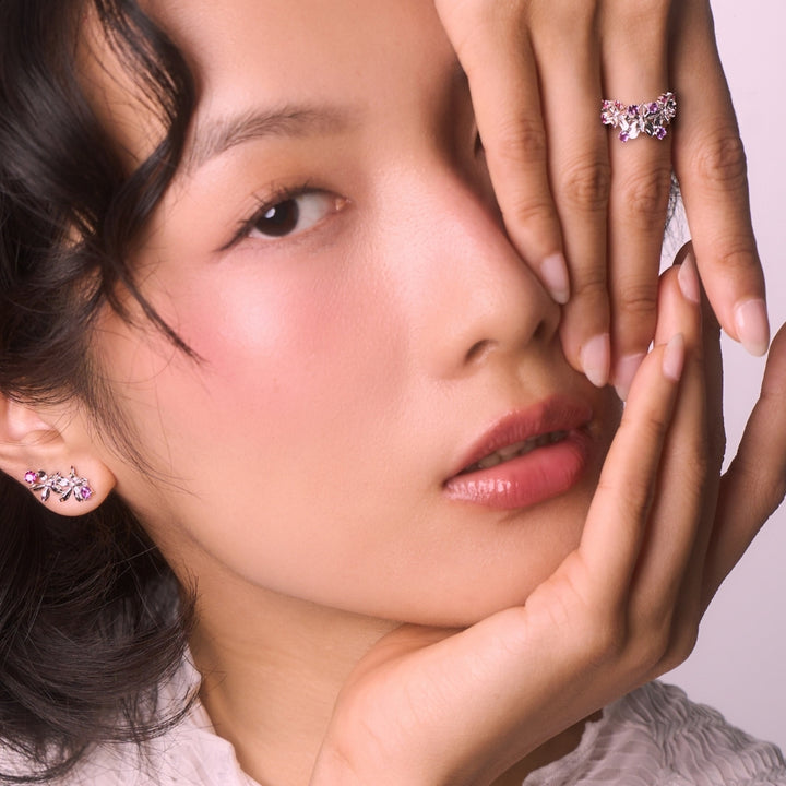 RISIS Dainty Ascocenda Ear Climber & Ring in Rhodium with Amethyst and Rhodolite