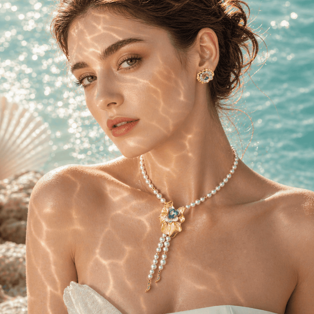 RISIS Aqua Enchanté Hoop Earrings and necklace cum brooch, 925 Sterling Silver encapsulated in 18K Swiss Gold and Rhodium with Freshwater Pearls and Swiss Blue Topaz