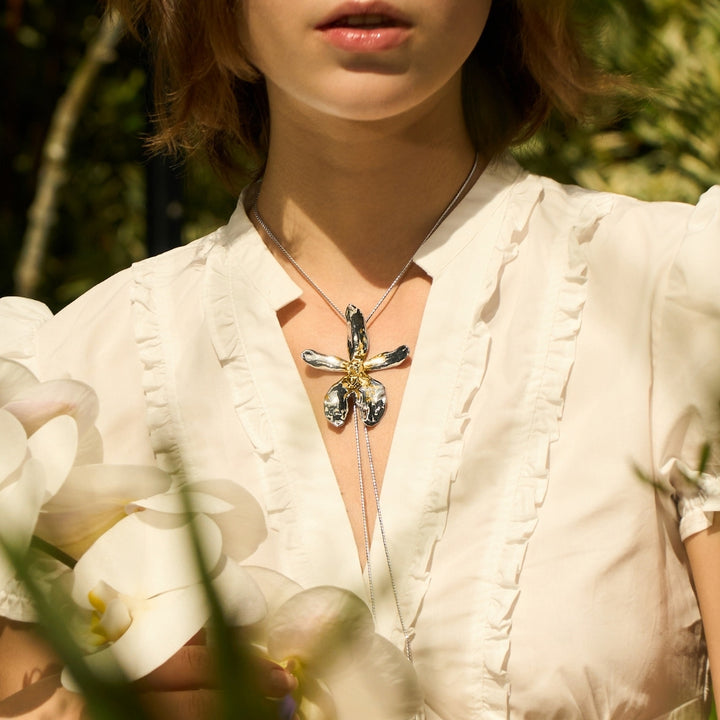 Aranthera Orchid Long Slider Necklace In Palladium & Gold