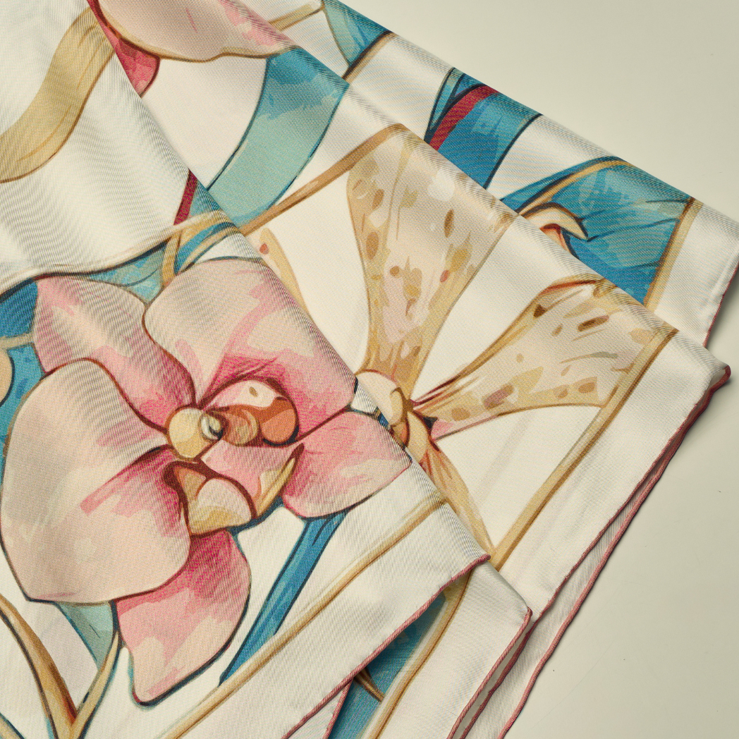 Orchid Silk Scarf with Scarf Ring In Gold and Palladium
