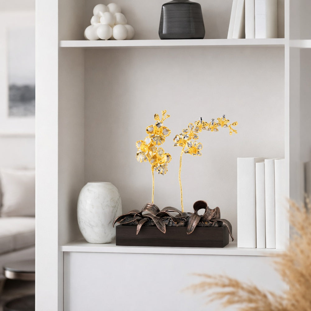 RISISV anda Miss Joaquim Orchid In Pot - Natural Vanda Miss Joaquim Orchids encapsulated in 24K Swiss Gold and Palladium on a Resin Pot with Blackened Copper Leaves