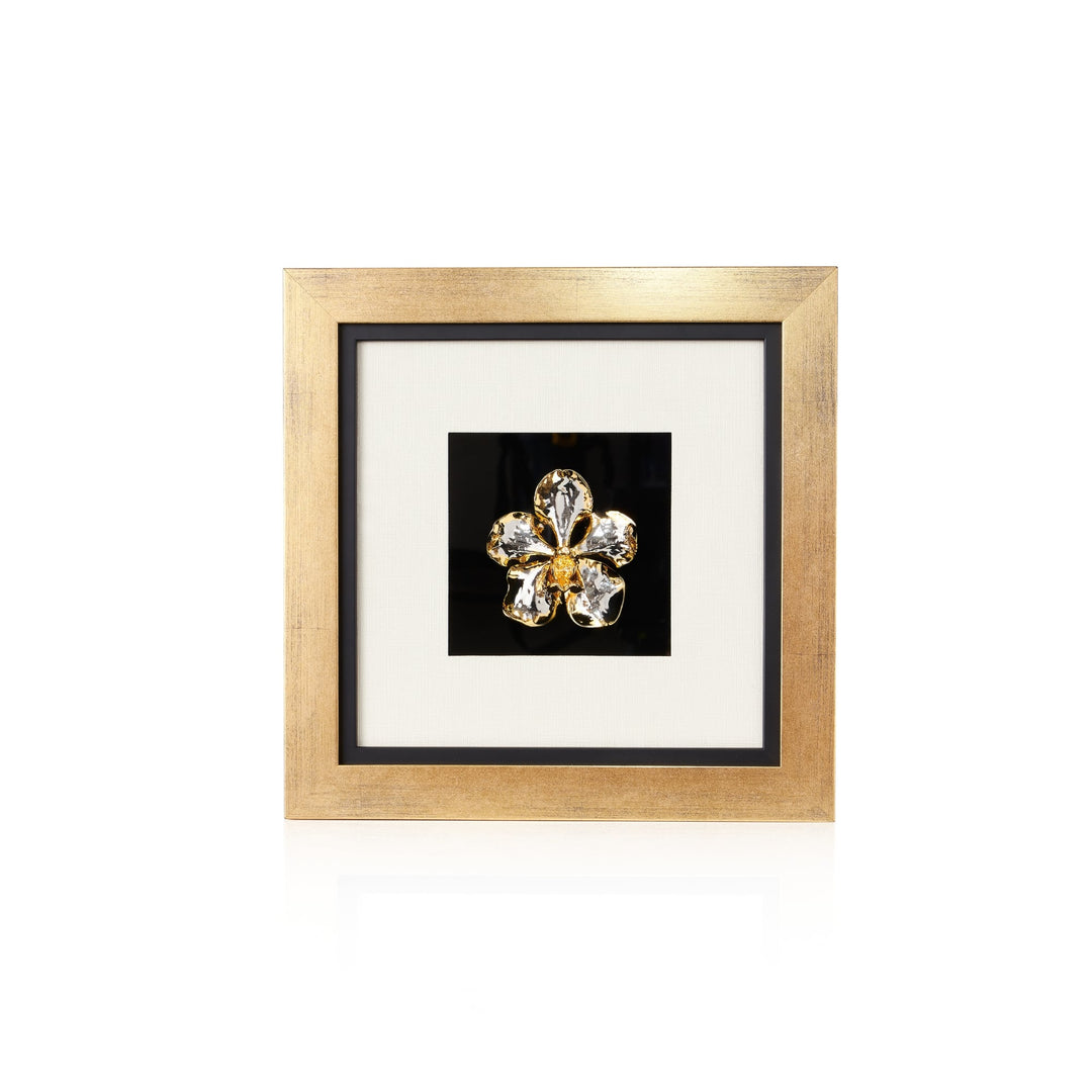 Risis Vanda Orchid Frame III - A golden-hued, five-petaled flower decoration with shiny, faceted crystals mounted in a square, wooden frame. The petals have reflective surfaces and a glistening appearance.