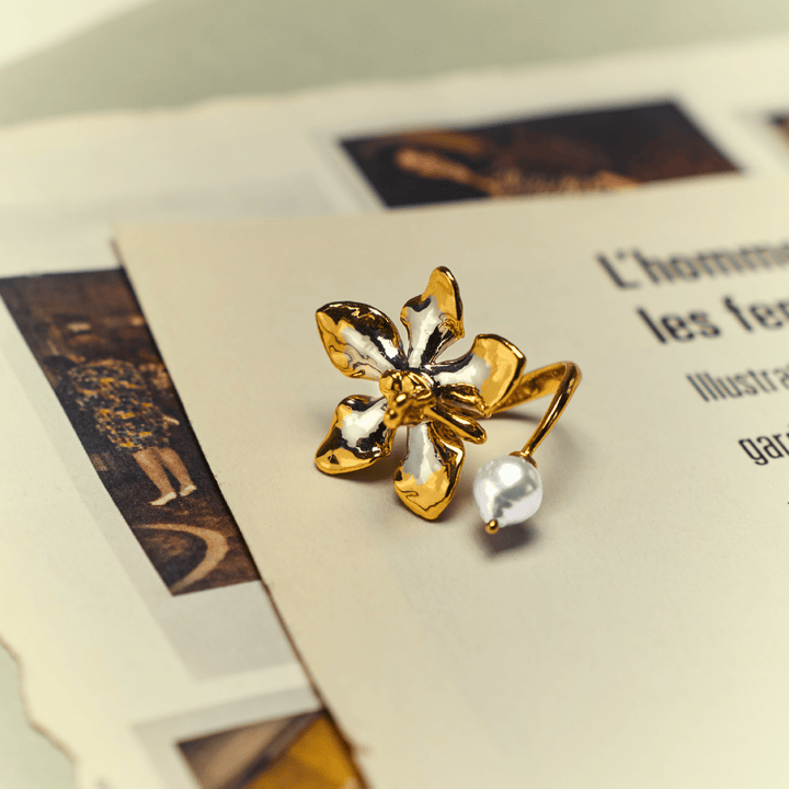 RISIS Vanda Orchid Ring In 24K Gold and Palladium with Akoya Pearl