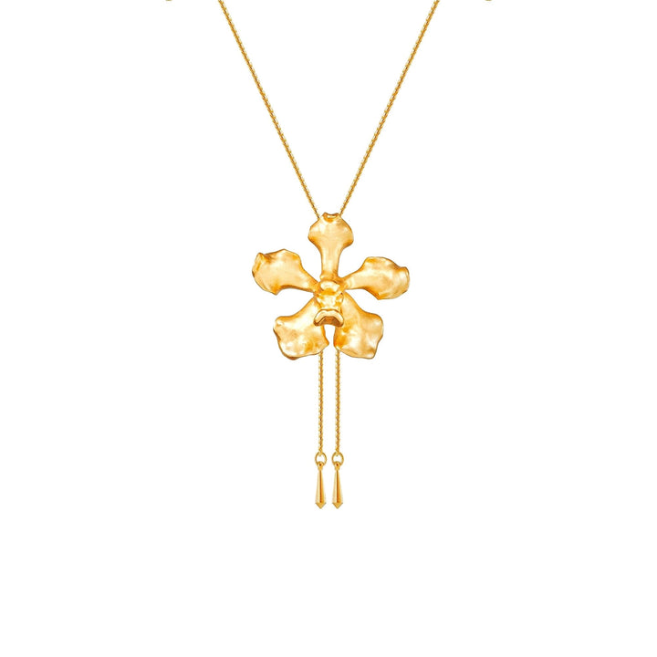 Risis Vanda Wee Kim Lian Orchid Slider Necklace (G) - A gold pendant necklace shaped like a stylized flower with uneven, wavy petals and two dangling, thin chain tassels. It has a polished, reflective surface.