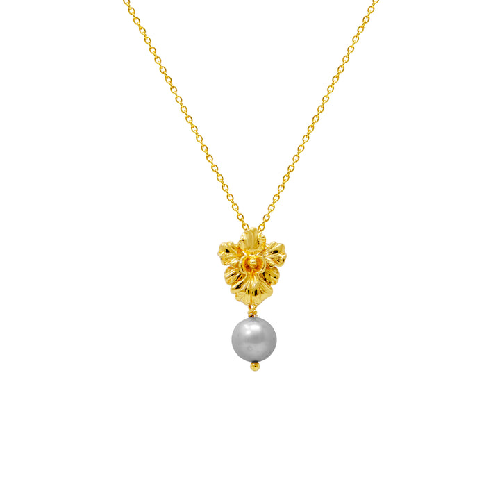 RISIS Vanda Whispers Necklace, Encapsulated in 24K Swiss Gold with Rich Grey Freshwater Pearls