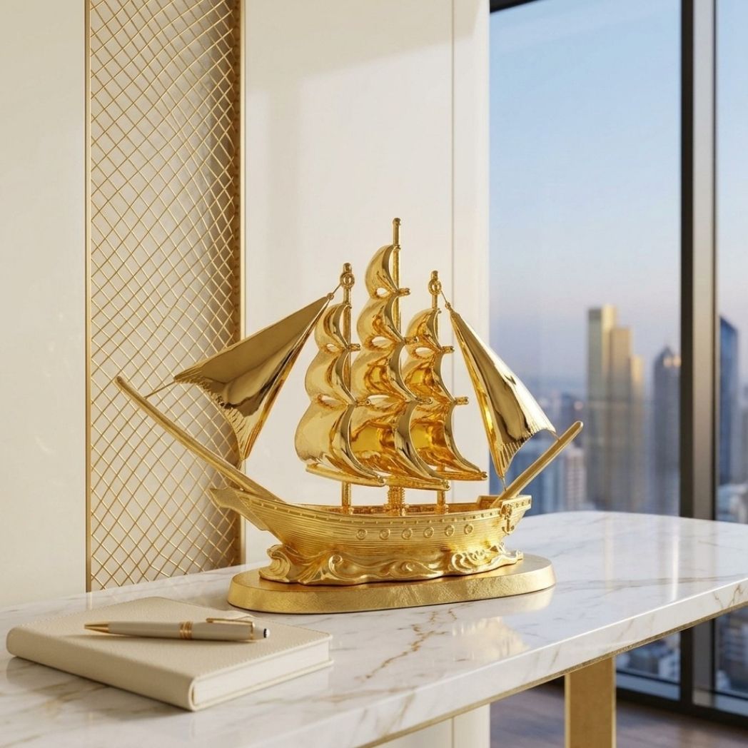 RISIS Sailing Ship Sculpture, Voyage of Dreams in 24K Gold