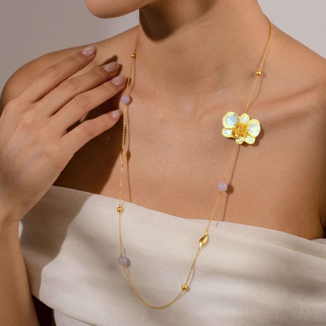 RISIS Merry Blossom Necklace encapsulated with 24K Swiss gold and Palladium with Rose Quartz Beads