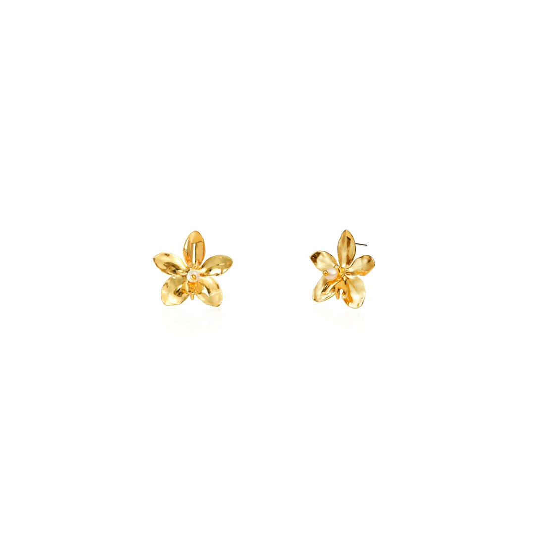 Risis Aeridovanda Blooms Earrings - A pair of golden earrings shaped like five-petaled flowers with a glossy finish and a central protruding detail, resembling stamens or pistils, giving them a lifelike appearance.