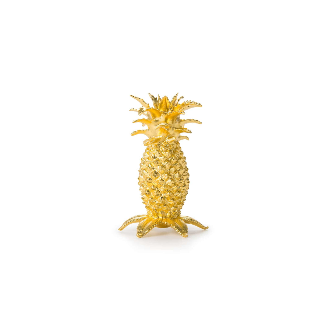 Risis Auspicious Pineapple - A gleaming golden pineapple ornament stands with intricate textures mimicking the fruit's diamond-patterned skin and spiky crown, all captured in a metallic sheen.