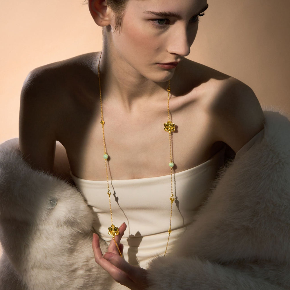 RISIS Blossom Long Necklace, Natural Ascocenda Orchids Encapsulated in 24K Swiss Gold with Type A Burmese Jadeite