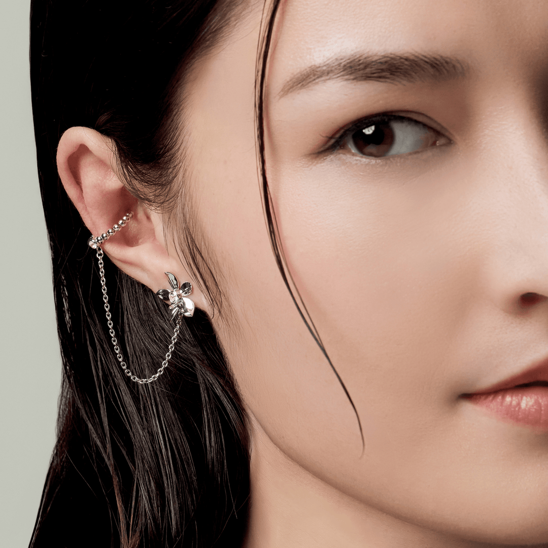 RISIS Dainty Ascocenda Orchid Ear Cuff, 925 Sterling Silver encapsulated in Rhodium with White Topaz