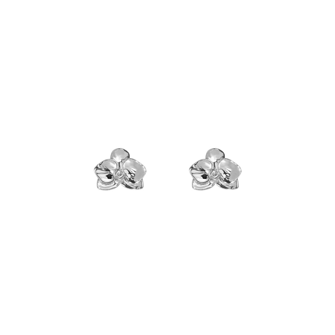 Risis Dainty Phalaenopsis Earrings - A pair of polished silver earrings shaped like five-petaled flowers, each with a central detail possibly resembling a stamen.