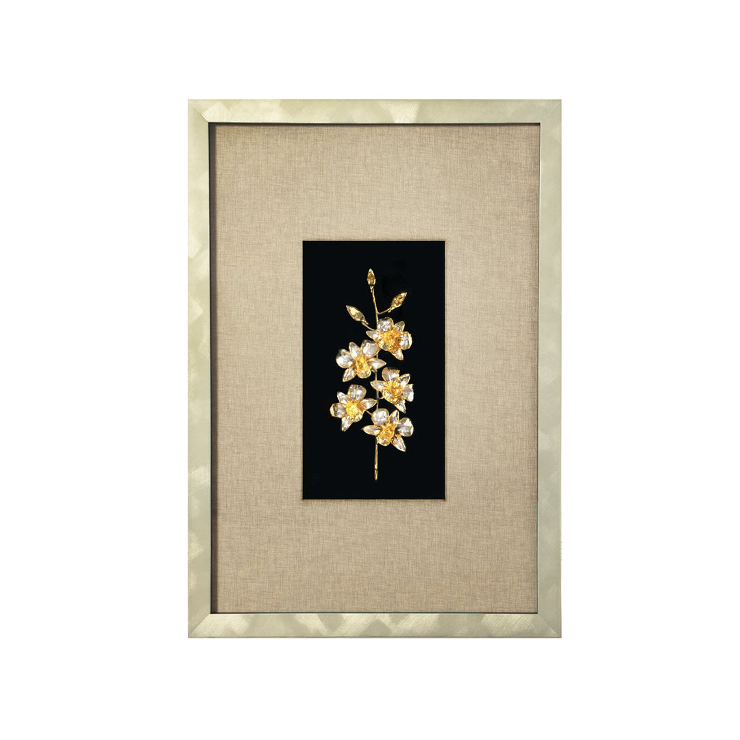Risis Dendrobium Orchid Tay Swee Keng Spray Frame II - A golden branch brooch with blooming flowers, glistening with clear and amber crystals, elegantly displayed on a black backdrop.
