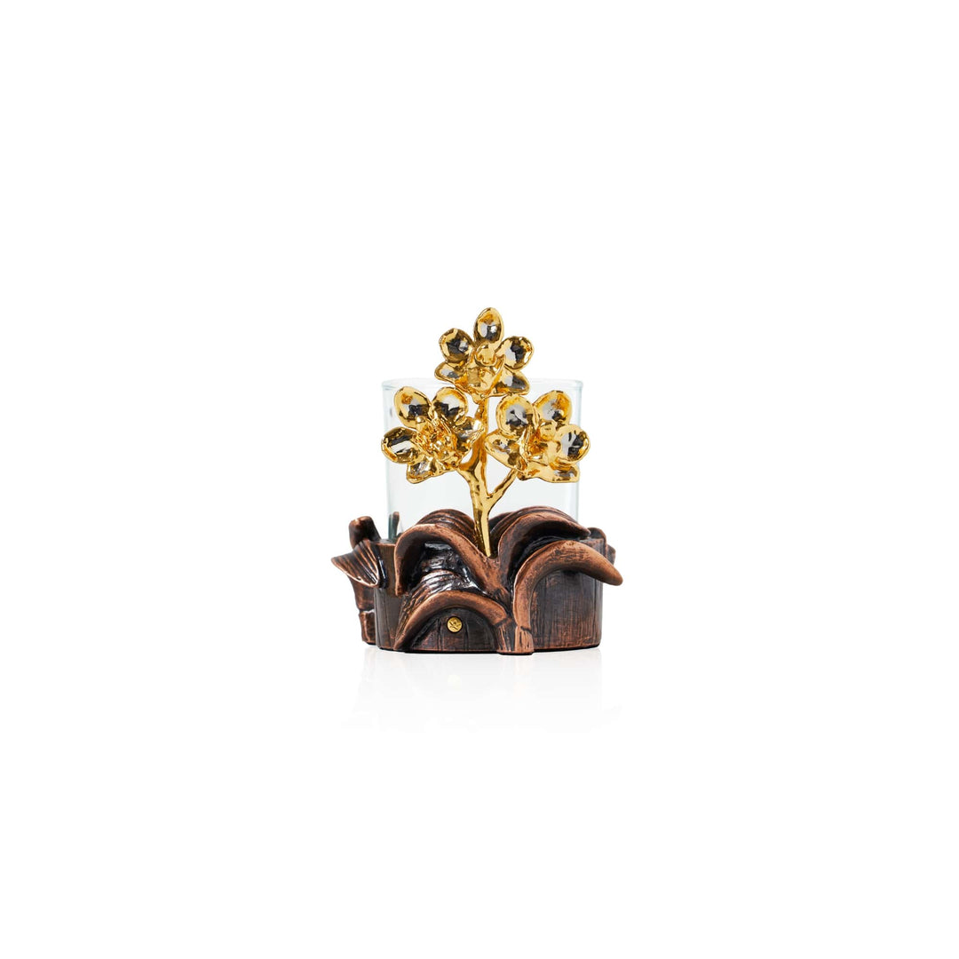 Risis Doritaenopsis Orchid Holder - A decorative object sculpted to mimic a golden tree sprouting from a brown, wooden-like base, isolated against a plain background to emphasize its ornate features.