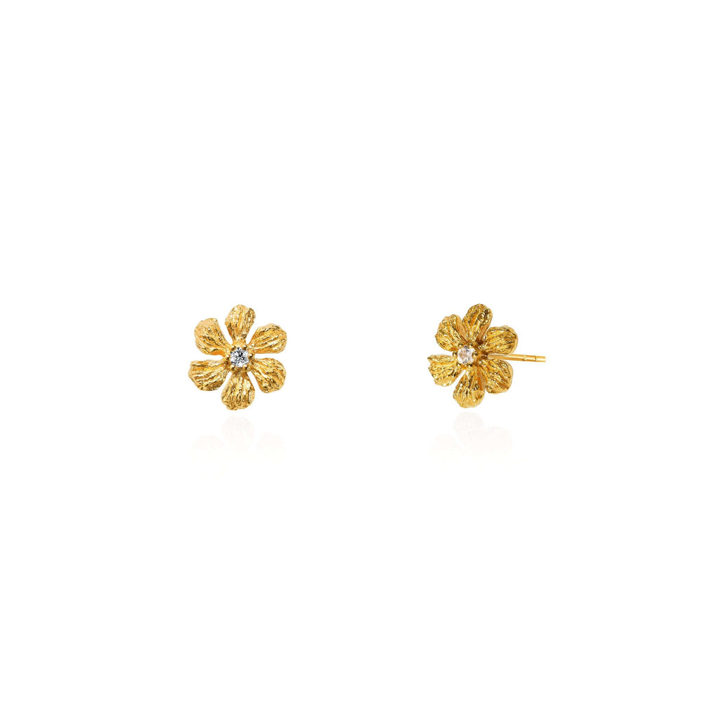 Risis Enchanted Jasmine Earrings II - A pair of gold floral earrings, each with a central diamond, textured petals providing a detailed and elegant appearance.