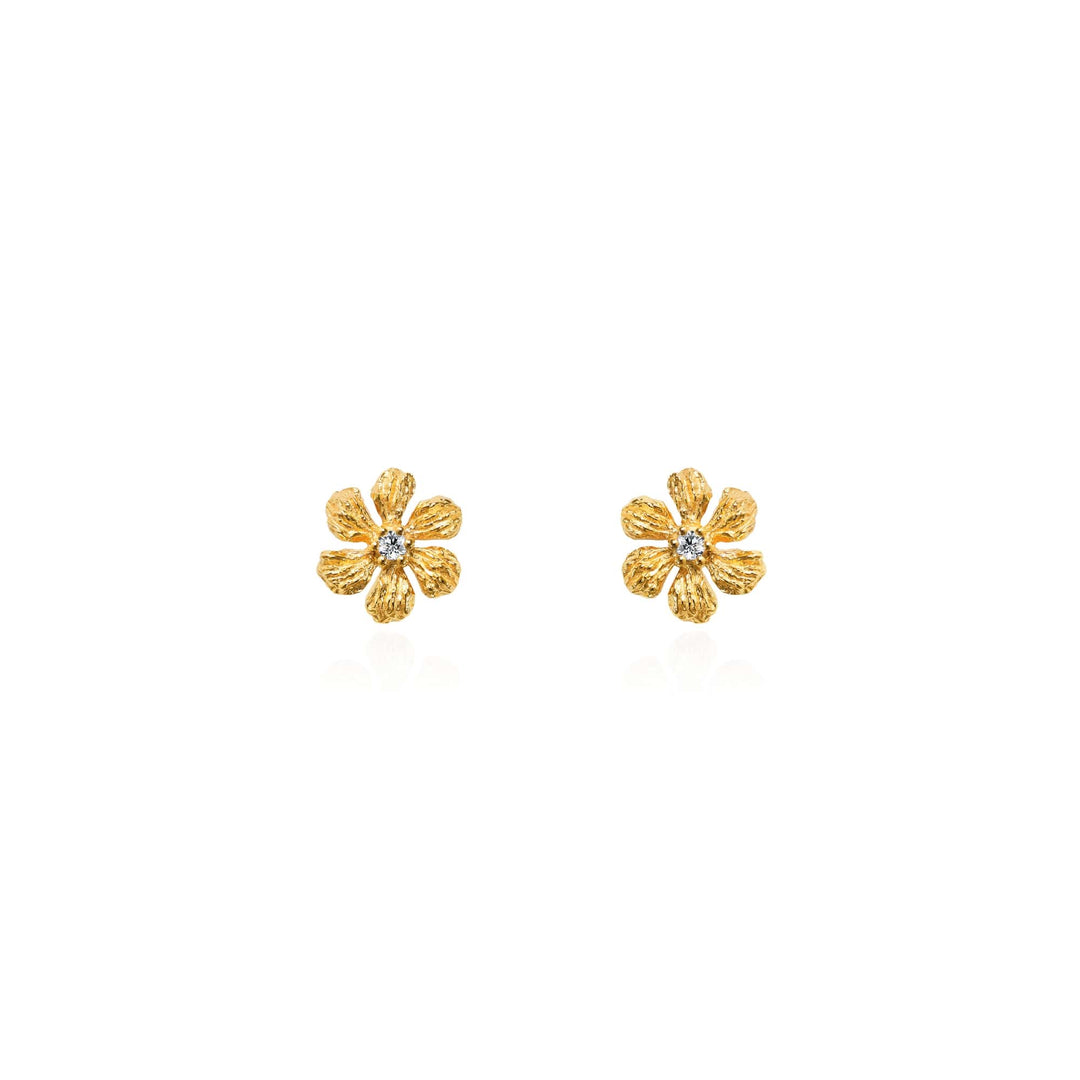 Risis Enchanted Jasmine Earrings II - A pair of golden flower-shaped earrings with textured petals, each centered with a sparkling diamond, radiating elegance and simplicity.