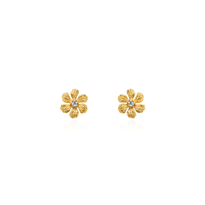 Risis Enchanted Jasmine Earrings II - A pair of golden flower-shaped earrings with textured petals, each centered with a sparkling diamond, radiating elegance and simplicity.