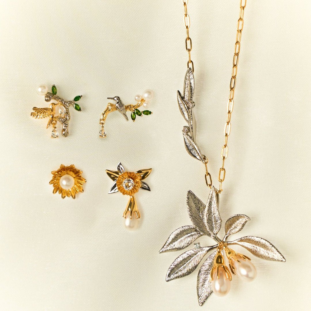 RISIS Enchanted Mangrovia Necklace and Earrings, 925 Sterling Silver encapsulated in 24K Swiss Gold and Palladium with Freshwater Pearls and White Topaz, Chrome Diopside 