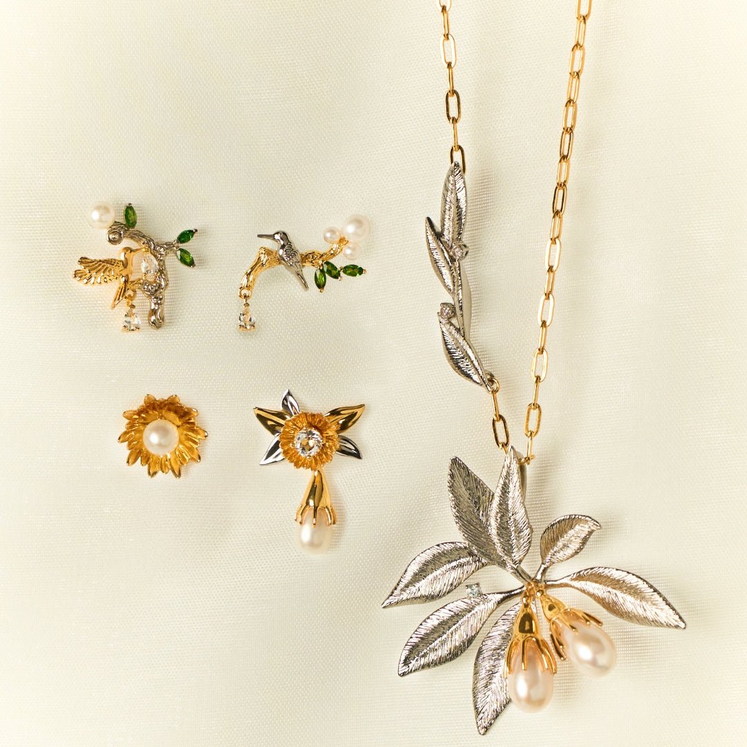RISIS Enchanted Mangrovia Necklace and Earrings, 925 Sterling Silver encapsulated in 24K Swiss Gold and Palladium with Freshwater Pearls and White Topaz, Chrome Diopside 