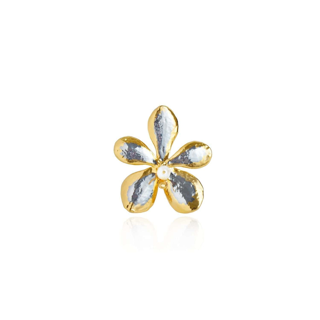 Risis Mokara Orchid Pearl Brooch - A golden flower-shaped pendant with petal-like features surrounding a central pearl, reflecting a meld of elegance and simplicity.