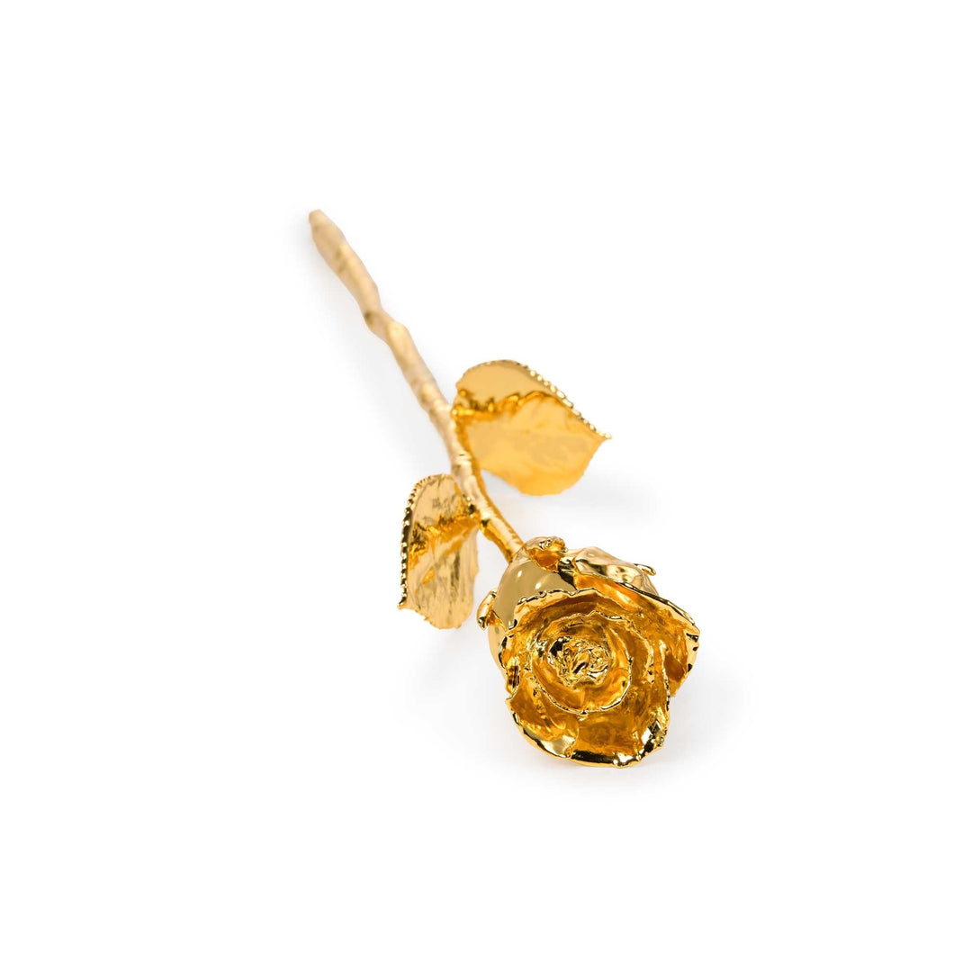Risis Natural Rose (G) - A golden rose with detailed petals and leaves, capturing the intricate textures of a natural rose, shines with a metallic luster, isolated against a white background.