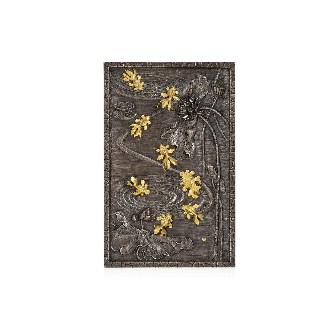 Risis Nine Goldfish Lotus Frame - A rectangular relief carving featuring stylized, yellow flowers intertwined with textured, dark leaves and swirling patterns on a flat, ornate surface.