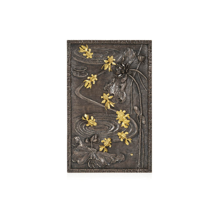 Risis Nine Goldfish Lotus Frame - A rectangular relief carving featuring stylized, yellow flowers intertwined with textured, dark leaves and swirling patterns on a flat, ornate surface.