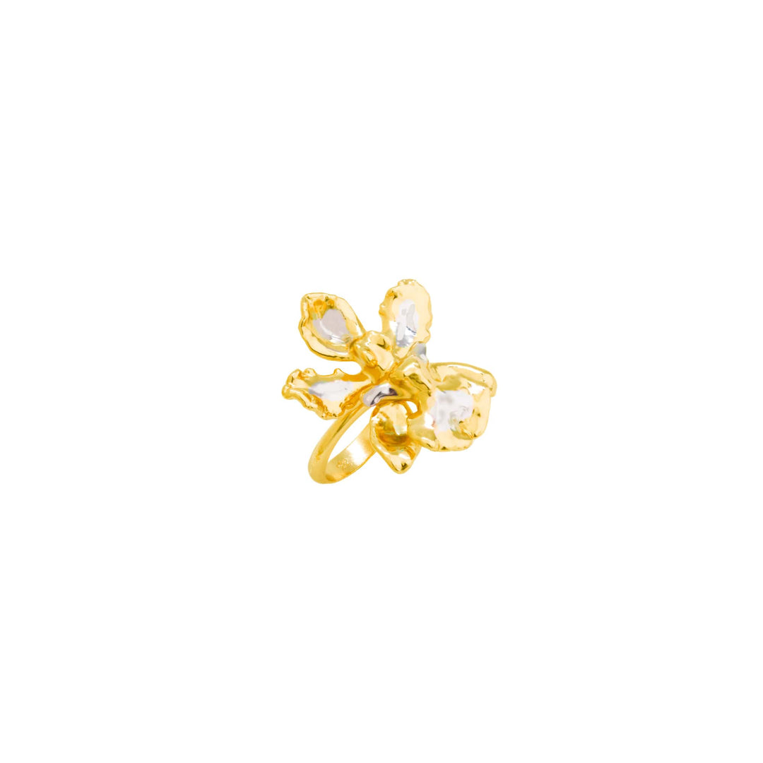 Risis Oncidium Blossom Ring (G) - A golden ring shaped like a flower with delicate, translucent petals, likely gemstones, giving an elegant and intricate look.