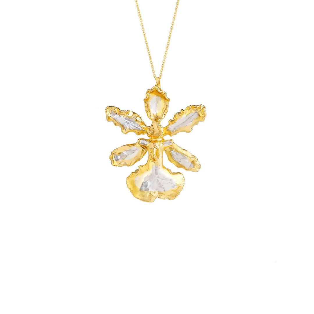 Risis Oncidium Haematochilum Orchid Necklace (PG) - A golden necklace with a translucent, flower-like pendant, featuring irregular edges and white accents, suspended in space.