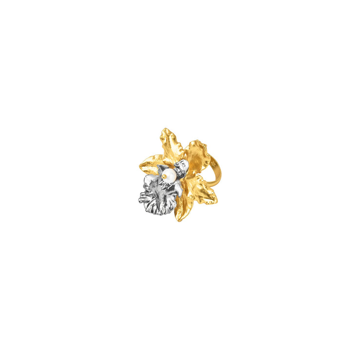 RISIS Natural Oncidium Wildcat Orchid Ring, encapsulated in 24K Swiss Gold and Palladium Silver with Freshwater Pearl