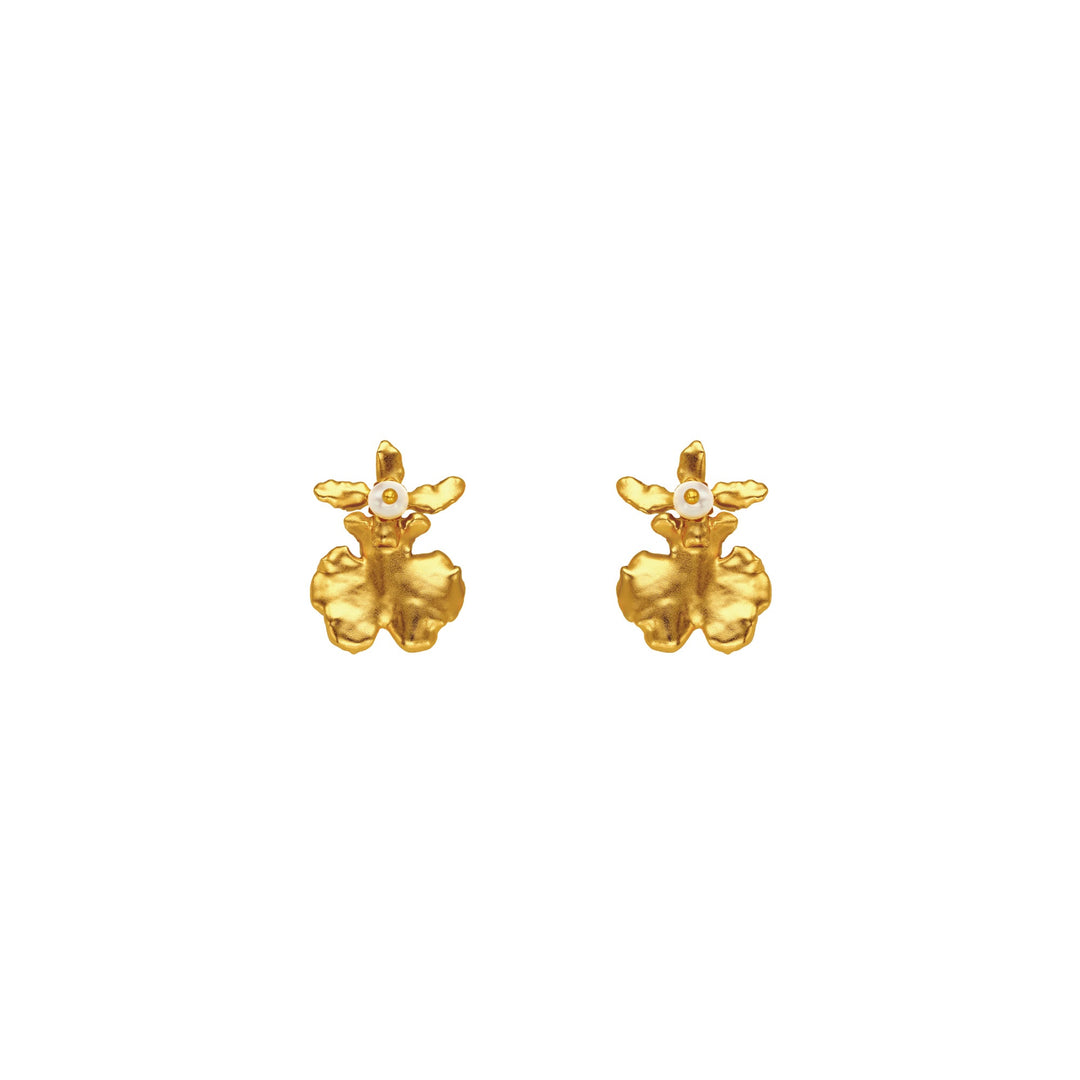 Risis Oncidium Shower Earrings (G) - A pair of gold earrings with an organic, uneven texture and a small white pearl at the center of each, resembling abstract flowers.