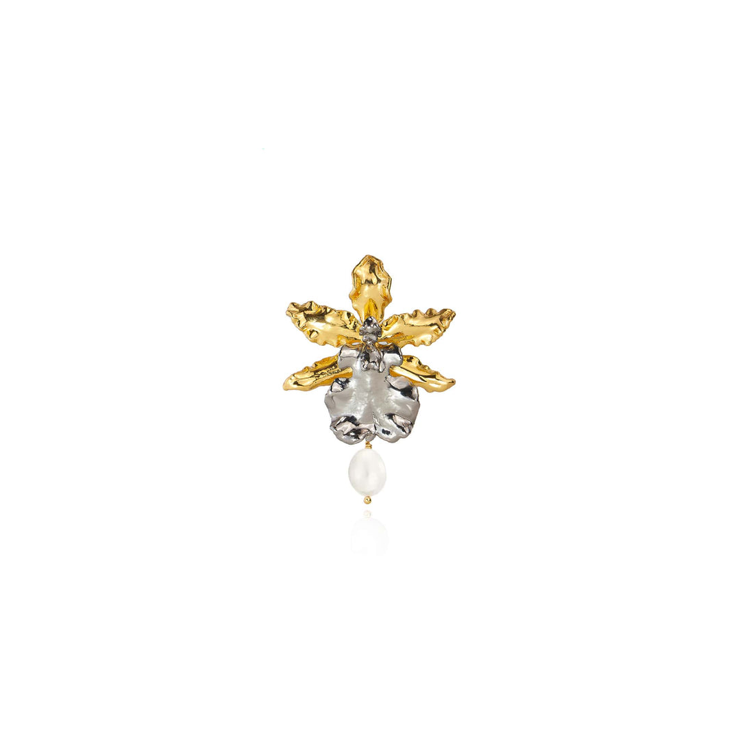 Risis Oncidium Wildcat Green Valley Orchid Pearl Brooch - A dual-tone floral brooch with golden petals, a central silver element, small gemstone accents, and a dangling white pearl.