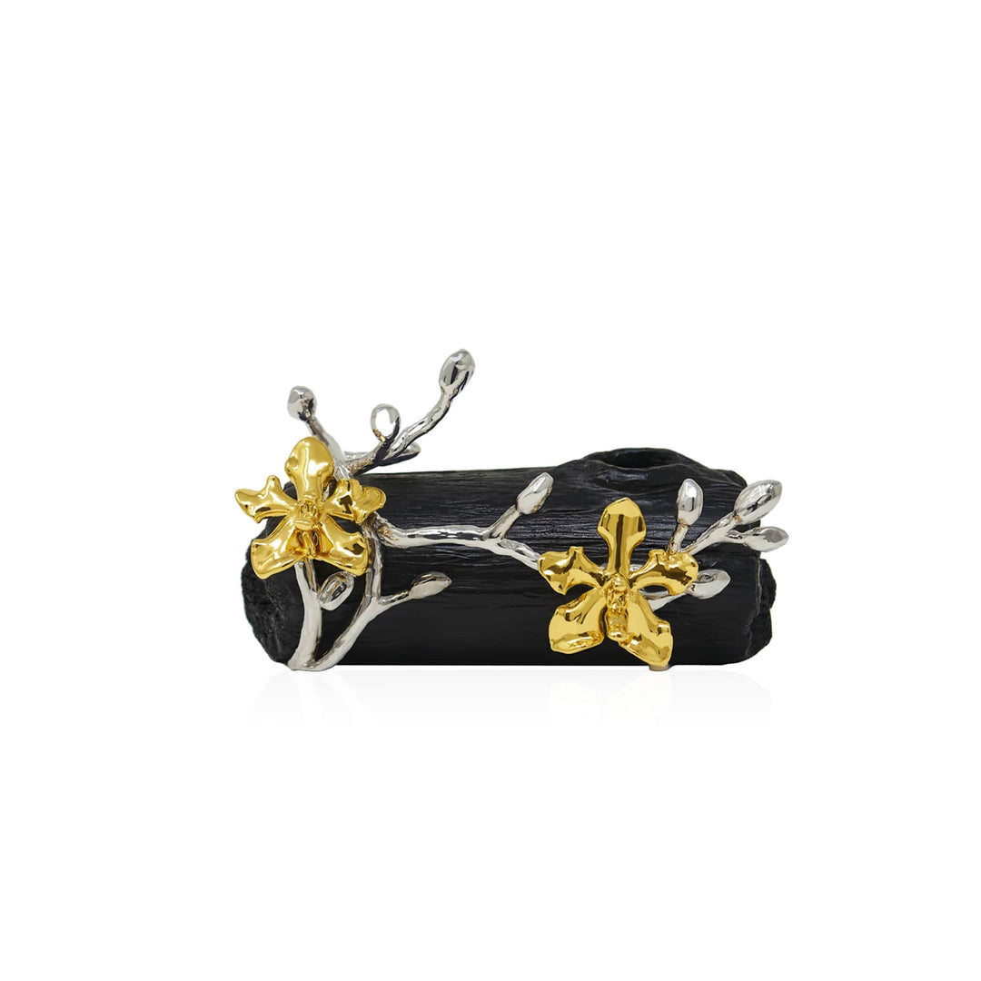 Risis Orchid Spiral Charcoal Pen and Name Card Holder - A sculptural black log embellished with delicate silver branches and glossy golden flowers, crafted with artistic finesse and contrasting hues.