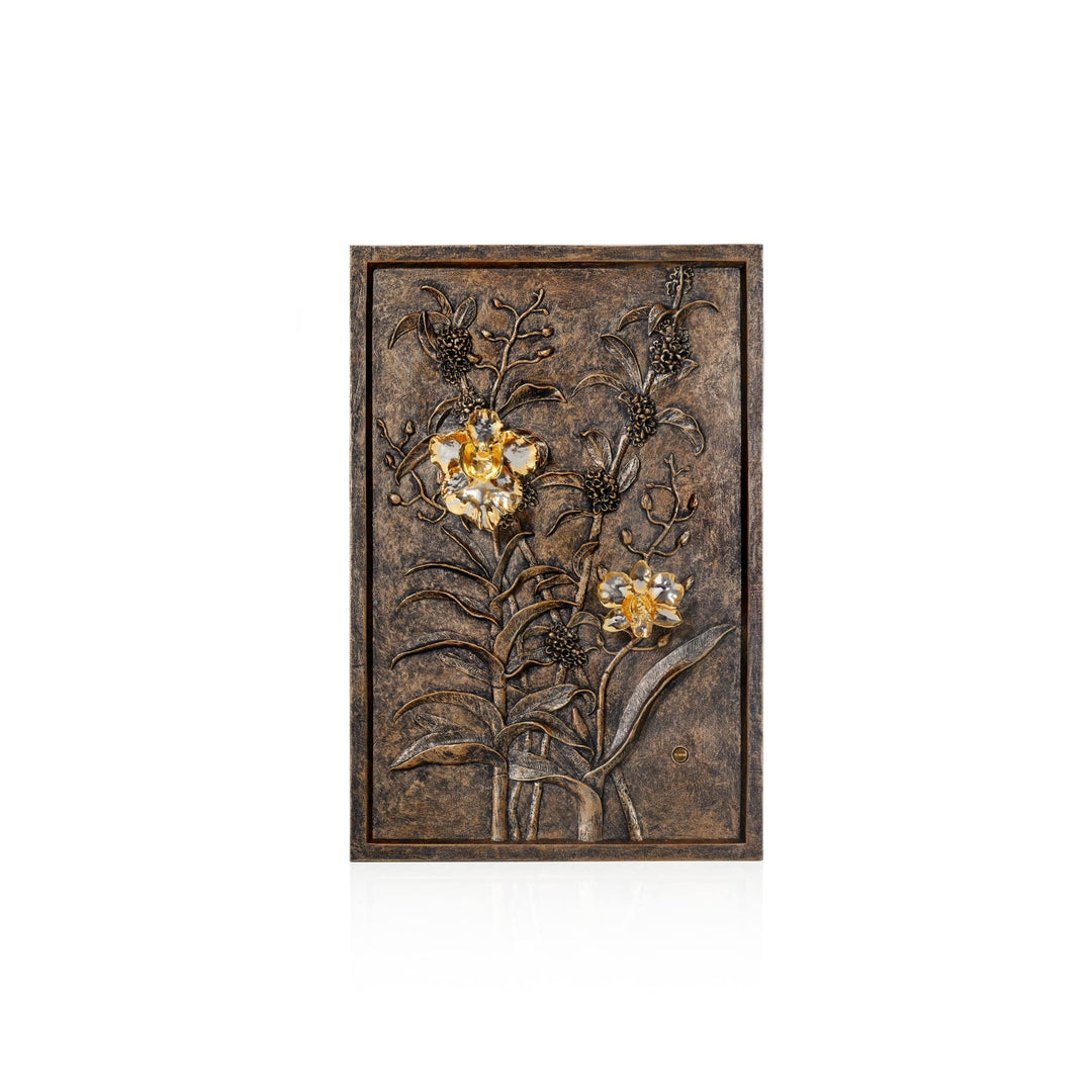 Risis Osmanthus Orchids Frame - A rectangular bronze-hued panel features an embossed floral design, with flowers accented in gold, creating a sense of elegance and three-dimensionality.