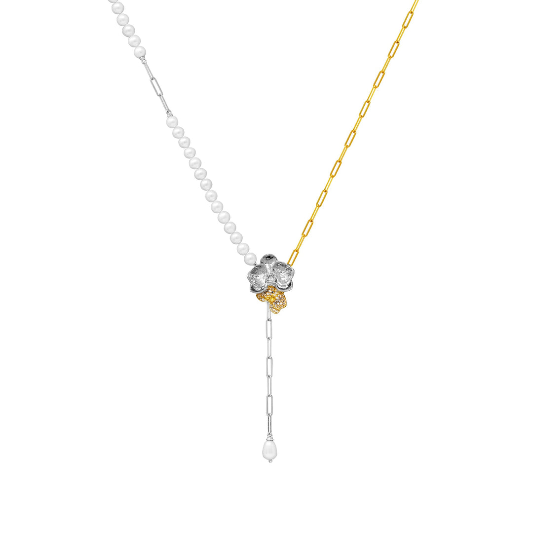 RISIS Phalaenopsis Moments Necklace, Encapsulated in 24K Swiss Gold and Rhodium Silver with Freshwater Pearls and White Topaz