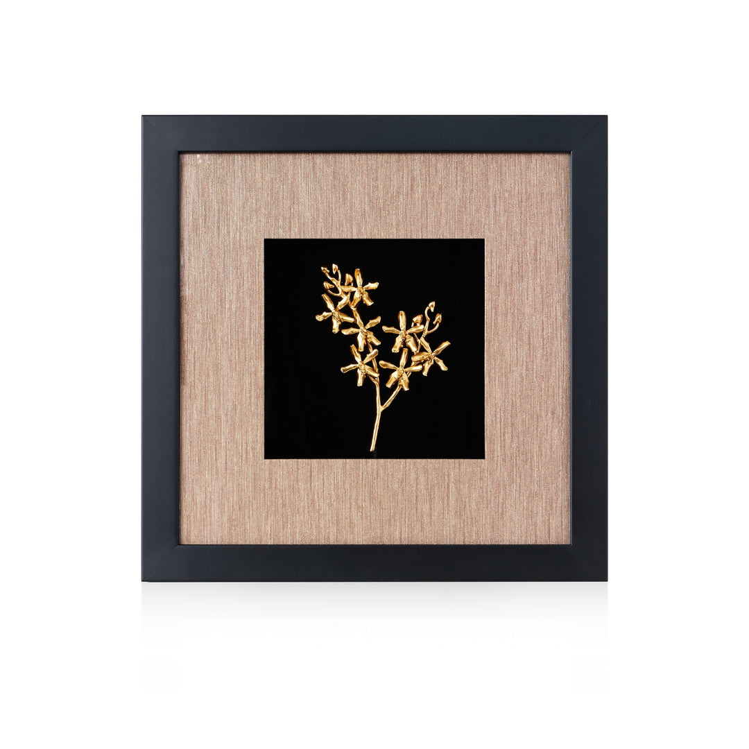 Risis Renantanda Sawadi Orchid Spray Frame - A golden botanical ornament, resembling a delicate, branching plant, is centered against a dark backdrop, framed by a textured beige border within a sleek black frame.