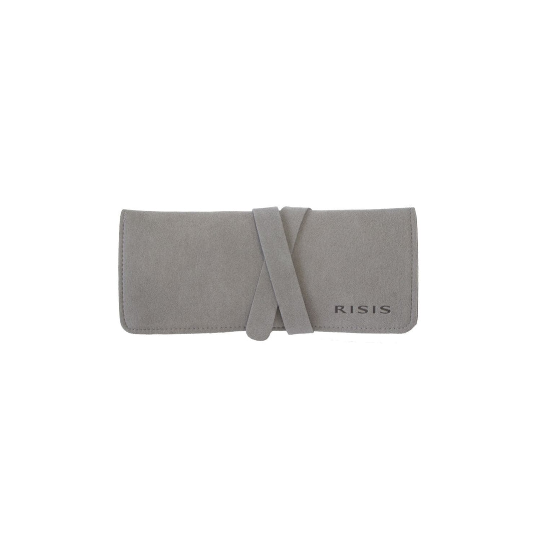 Risis - A slate gray jewelry pouch with a smooth texture and a simple wrap-around band closure, displaying the brand name "RISIS" on the lower right corner.